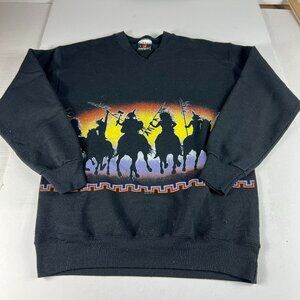 VTG Indigenous Native Sweatshirt Fits Small Black Wrap Around Crewneck Tag L